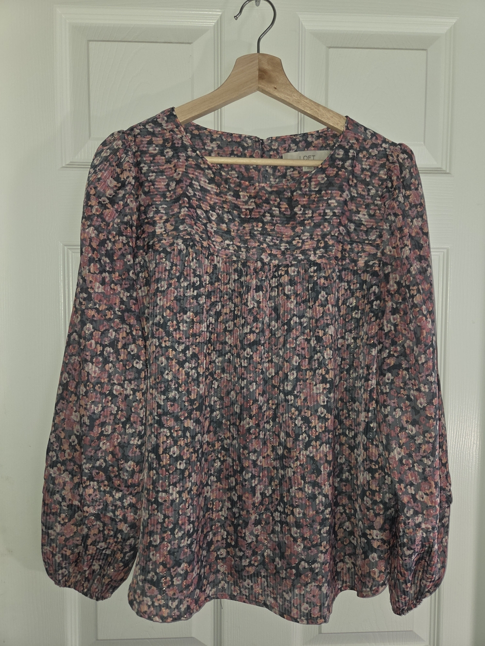 LOFT Navy Floral Blouse with Pink Accents